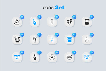 Set Drum with drum sticks, Guitar neck, Bandura, Bongo, Conga drums, Mandolin, Triangle musical instrument and Violin icon. Vector