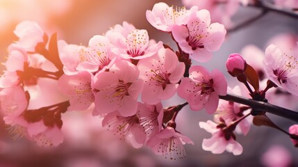 A close-up of pink cherry blossoms with a soft bokeh effect. Delicate pinks and dreamy light symbolizing spring and renewal.