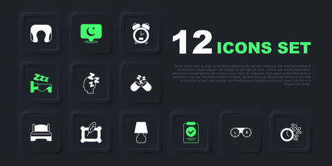 Set Contact lens container, Alarm clock, Dreams, Medical prescription, Time to sleep, Pillow, Moon and stars and Table lamp icon. Vector