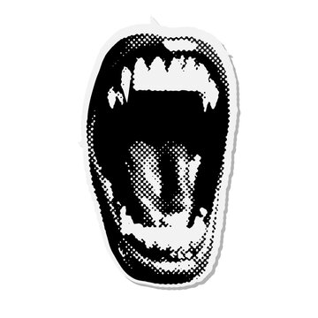Widely Open vampire mouth with fangs - Halloween halftone mixed media collage paper sticker. Dotted Vintage illustration in 90s zine Paper piece style.