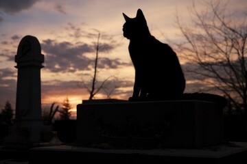 a silhouette of a black cat on a tombstone