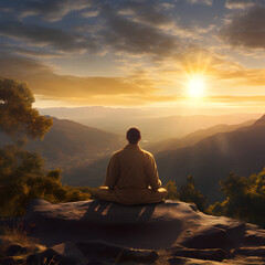 the back of a person meditating outside at a scenic vista during golden hour. Generative Ai.