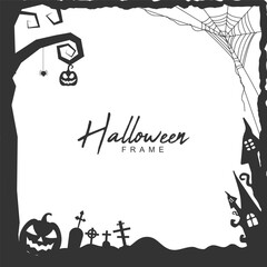 Halloween grunge frame border with creepy tree and haunted house