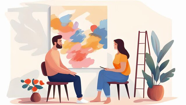 Two characters engage in a therapy session using art therapy techniques, expressing their emotions and experiences through creative mediums like painting or sculpting. Psychology animation