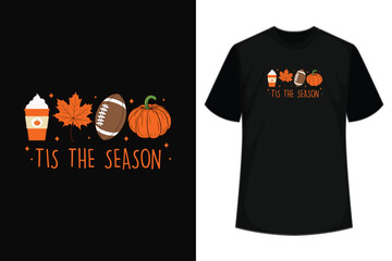 Tis The Season Pumpkin Leaf Latte Fall Thanksgiving Football T-Shirt