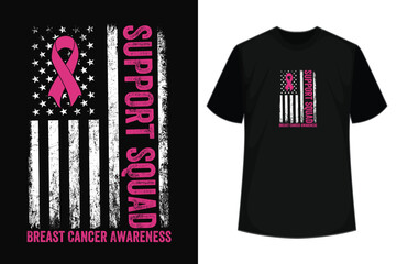 Support Squad Breast Cancer Awareness Warrior American Flag T-Shirt - obrazy, fototapety, plakaty