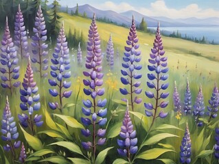 A Painting Of Purple Flowers In A Field