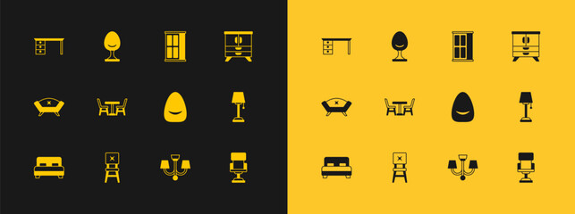 Set Chest of drawers, Chair, Pouf, Chandelier, Table with chair, Wardrobe, Office desk and Armchair icon. Vector