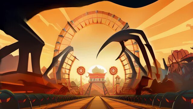 A carnival with Halloweenthemed rides, such as a roller coaster shaped like a giant spider. Halloween cartoon
