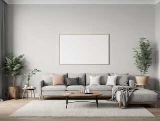 A Living Room With A Gray Couch, A Coffee Table And A Plant