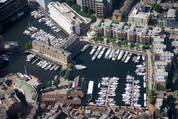 London St katherines Dock Aerial View Landmarks and Skyline on a Sunny Day English British United Kingdom Tourist tourism site Capital City Helicopter Drone