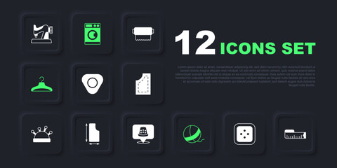 Set Sewing button for clothes, Tape measure, chalk, Yarn ball, Hanger wardrobe, pattern, Washer and Thimble sewing icon. Vector