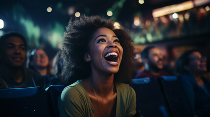 young woman in the cinema looking at the screen and laughing.leisure and entertainment - obrazy, fototapety, plakaty