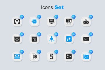 Set Share, Advertising, Discount percent tag, Stacks paper money cash, Market analysis, Mail and e-mail, Create account screen and Consumer product rating icon. Vector