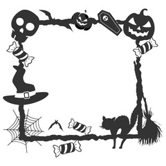 Halloween frame border with halloween elements like skull witch hat and spider net