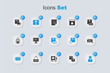 Set Hot price, Buy button, Stacks paper money cash, Discount percent tag, Angry customer, Delivery cargo truck and Item with dollar icon. Vector