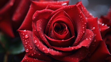 Close-up of vibrant red rose petals with delicate water droplets.