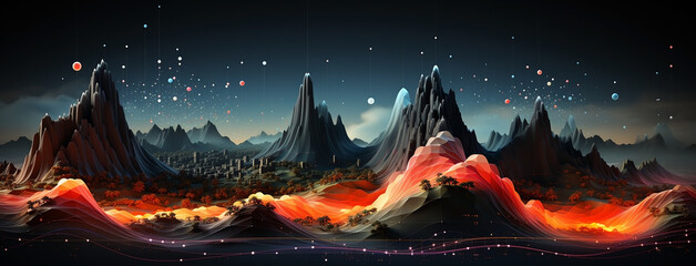 A Wavy background with abstract mountain and lava volcano affected wide horizontal web banner