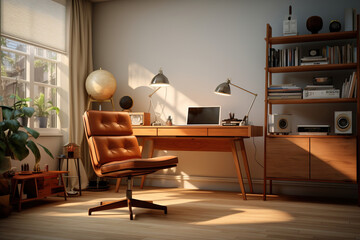 A Mid-Century Modern hobby room, with a sleek hobby desk, a molded plastic chair, and a mix of natural and man-made materials for hobby storage