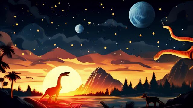 A passing comet lights up the night sky, mesmerizing the baby dinosaurs with its beautiful display. Dinosaurs cartoon