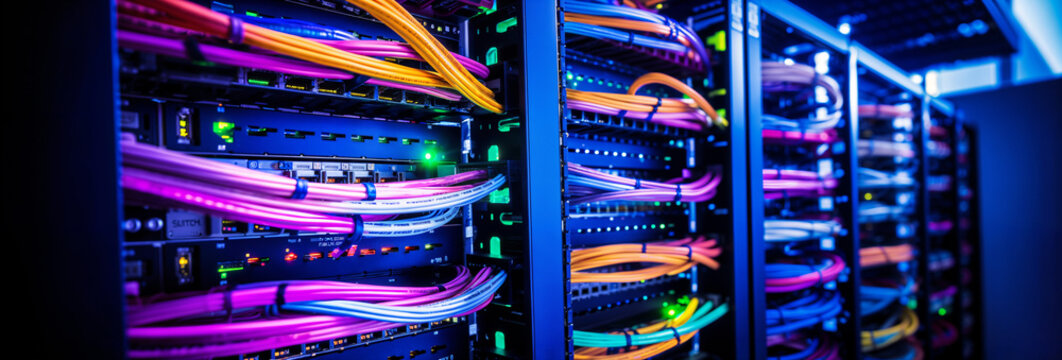 Server racks, electric cables and wires representing fiber optic internet equipment for a data center, technology and network background banner