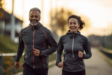 Fototapeta premium Handsome middle age POC mixed race couple jogging