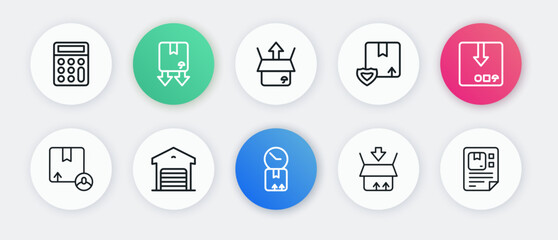 Set line Cardboard box with clock, Carton cardboard, Delivery security shield, Unboxing, Waybill and Warehouse icon. Vector