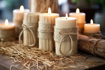 twine-wrapped rustic homemade candles - obrazy, fototapety, plakaty