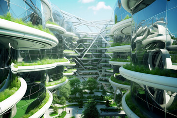 Green futuristic city biophilia design buildings