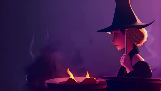 An animated witch stirring a boiling cauldron as she prepares a sinister potion. Halloween cartoon