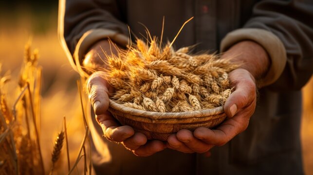 In a close-up view, hands cradle a basket brimming with freshly harvested grains.