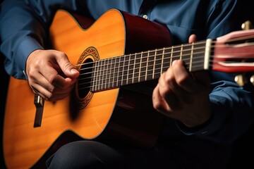 close-up of fingers strumming an acoustic guitar