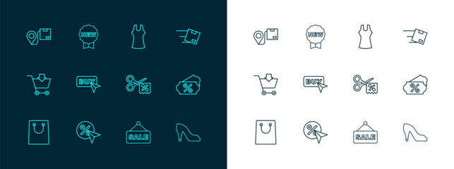 Set line Location with cardboard box, Discount percent tag, Scissors cuts discount coupon, Hanging sign text Sale, Buy button, Woman dress, and Price New icon. Vector