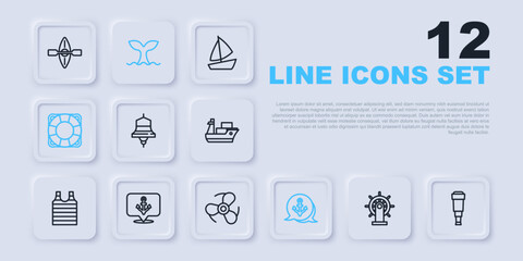 Set line Ship steering wheel, Spyglass telescope lens, bell, Anchor, Lifebuoy, Whale tail and Boat propeller icon. Vector