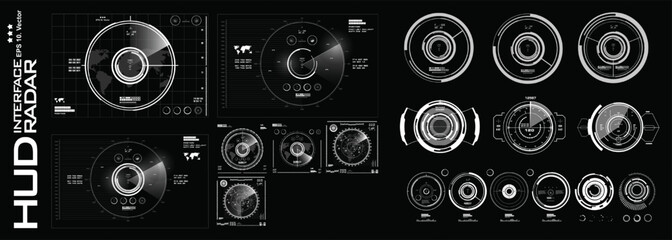 Big collection of aerial radar targets and air navigation devices. Interface device for geolocation and identification objects on the map. Digital targets or HUD sights © PALERM089