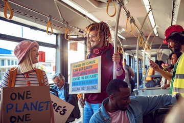 Diverse Group of Friends Advocating Against Global Warming During Bus Commute