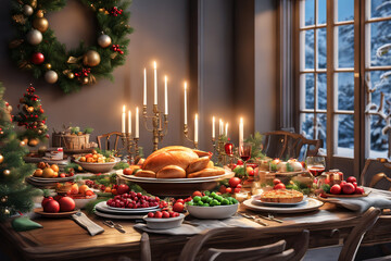 Holiday table with turkey. Generative AI
- 652859115