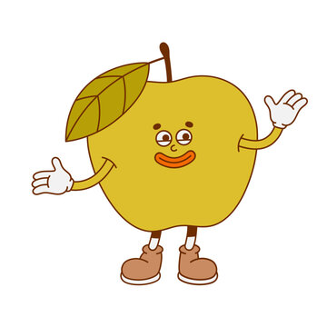 The hand-drawn colorful apple retro character. Vector illustration in trendy retro cartoon style. Fruit, healthy food.