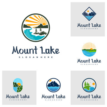 Set of Lake logo design template. Mount Lake vector illustration. Badge design.