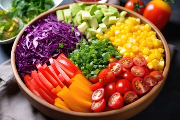 a rainbow gradient salad with everything from tomatoes to purple cabbage