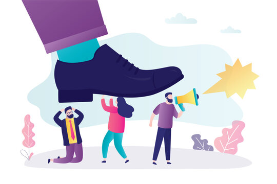 Giant boot trampling on a group of demonstrators, protesters. Dictator foot crushes people. Freedom of speech, human rights. authority concept