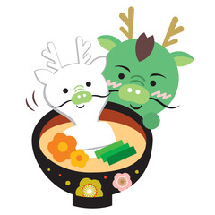 お雑煮とかわいい辰のイラスト　辰年　干支　年賀