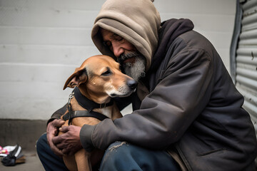 Portrait homeless dirty tramp hugging his dog. Concept friendship lifestyle. Generation AI