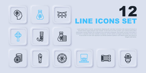 Set line Accordion, Leprechaun, boot, hat, Celtic cross, Glass of beer, Money bag with clover and Golden leprechaun coin icon. Vector