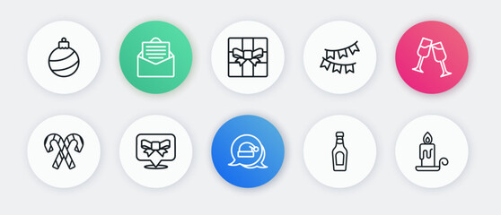 Set line Christmas Santa Claus hat, Glass of champagne, Candy cane with stripes, Champagne bottle, Carnival garland flags, Gift box, Burning candle and bow icon. Vector