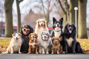 group of different breed dogs sitting together in a park - obrazy, fototapety, plakaty