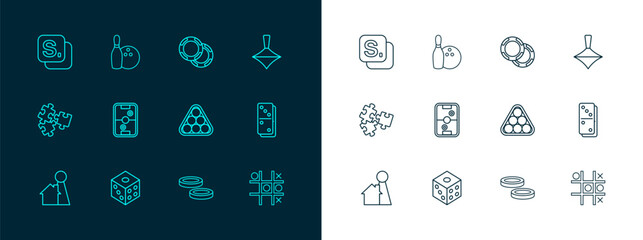 Set line Whirligig toy, Game dice, Billiard balls in triangle, Checker game chips, Air hockey table, Casino, Bingo and Bowling pin and icon. Vector