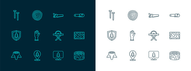 Set line Chainsaw, Location of the forest, Electric circular, Protective gloves, Hand, Metallic nails and Tree rings icon. Vector