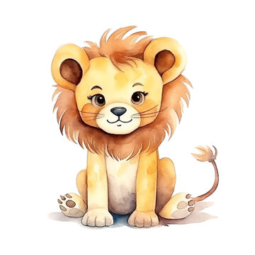 Watercolor cute cartoon lion isolated on transparent background.