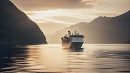 Cruise ship in Norwegian fjords sunset light - obrazy, fototapety, plakaty